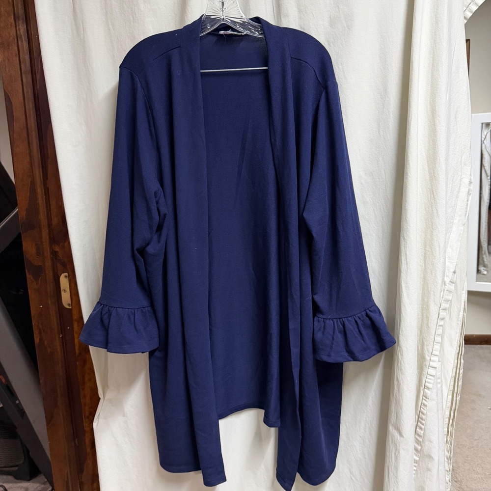 Belle by Kim Gravel Navy Blue Ruffle Sleeve Open Front Cardigan Knit Wrap